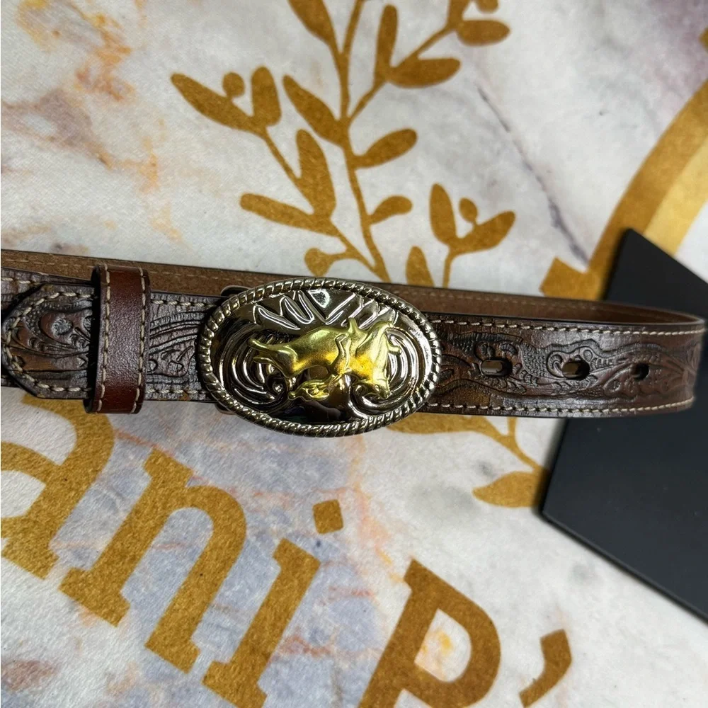 Brown Nocona Leather Belt with Gold and Silver Bullrider Buckle